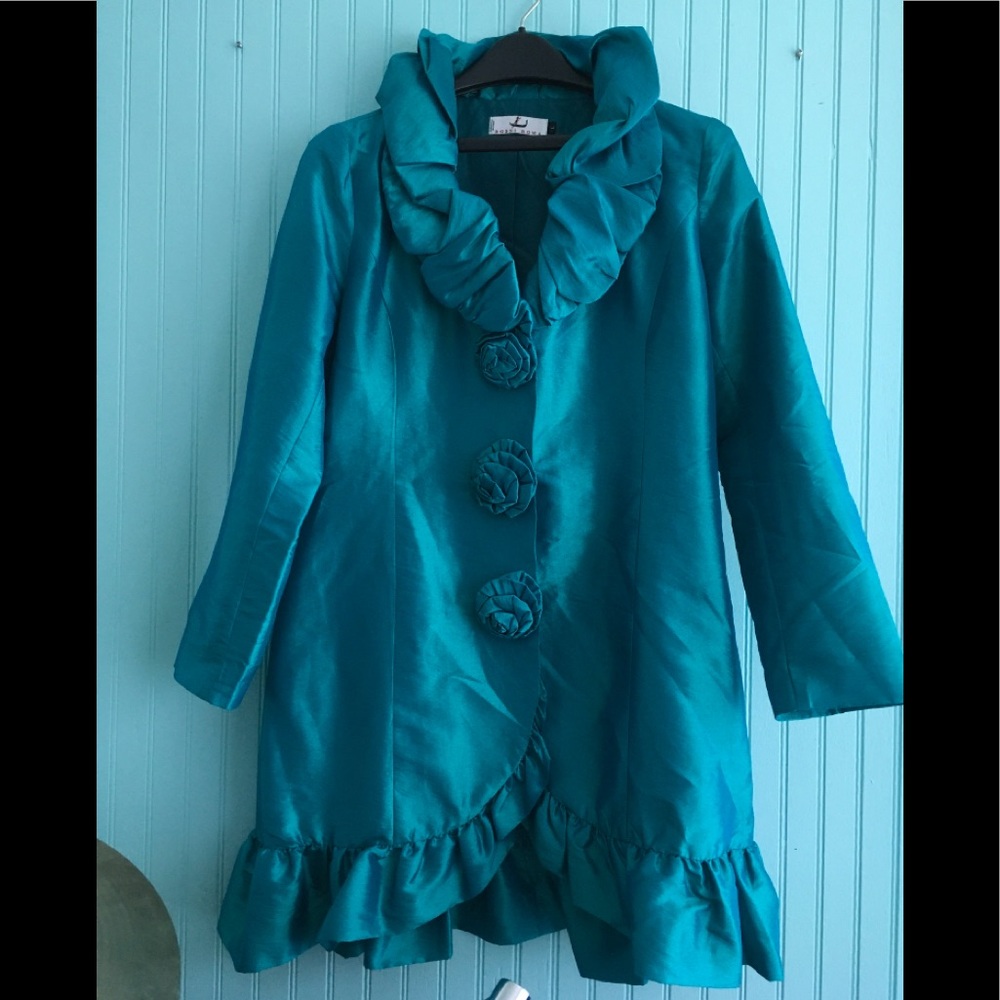 Rossi Roma Italy cotton polyester silk ruffled dressy long top sz L teal color